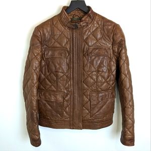 Eddie Bauer Women's Goose Down Brown Quilted Lamb's Leather Moto Jacket